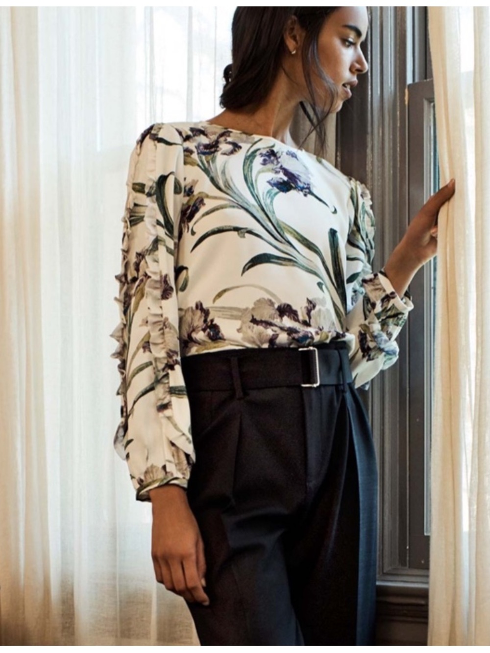 Club Monaco Floral Sheer Blouse in White, Green and Purple